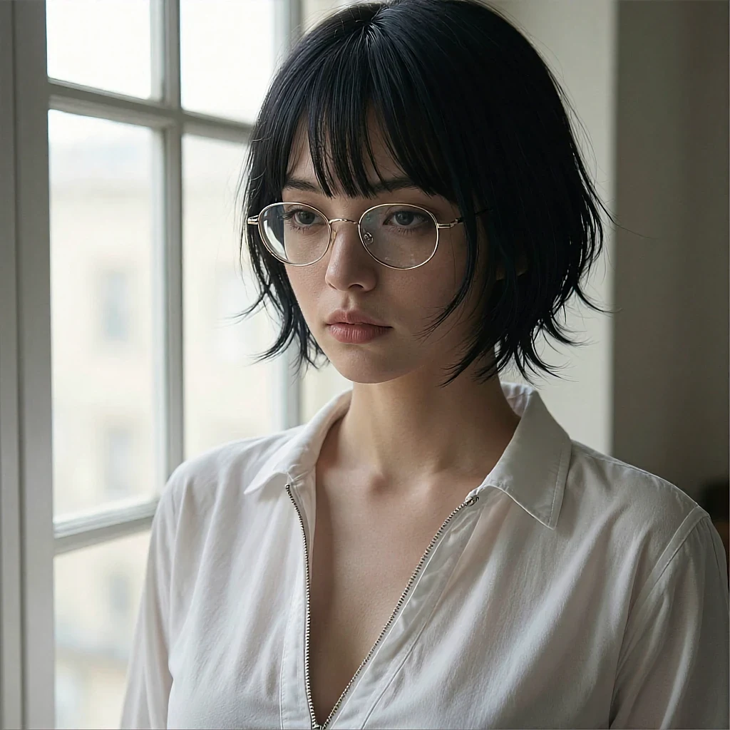 Dark-haired woman in gold-rimmed glasses and a white shirt standing beside a bright window