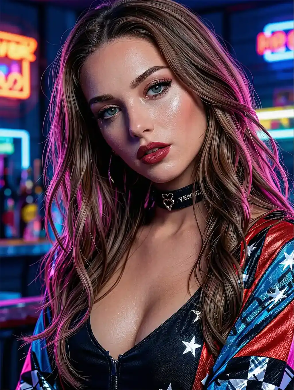 Auburn-haired woman with pink highlights in a star-print leather jacket and choker at a neon bar