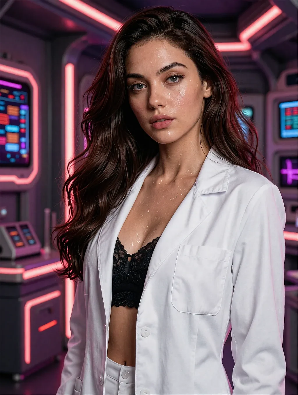 Dark-haired woman in a white lab coat over black lace in a sci-fi control room with screens