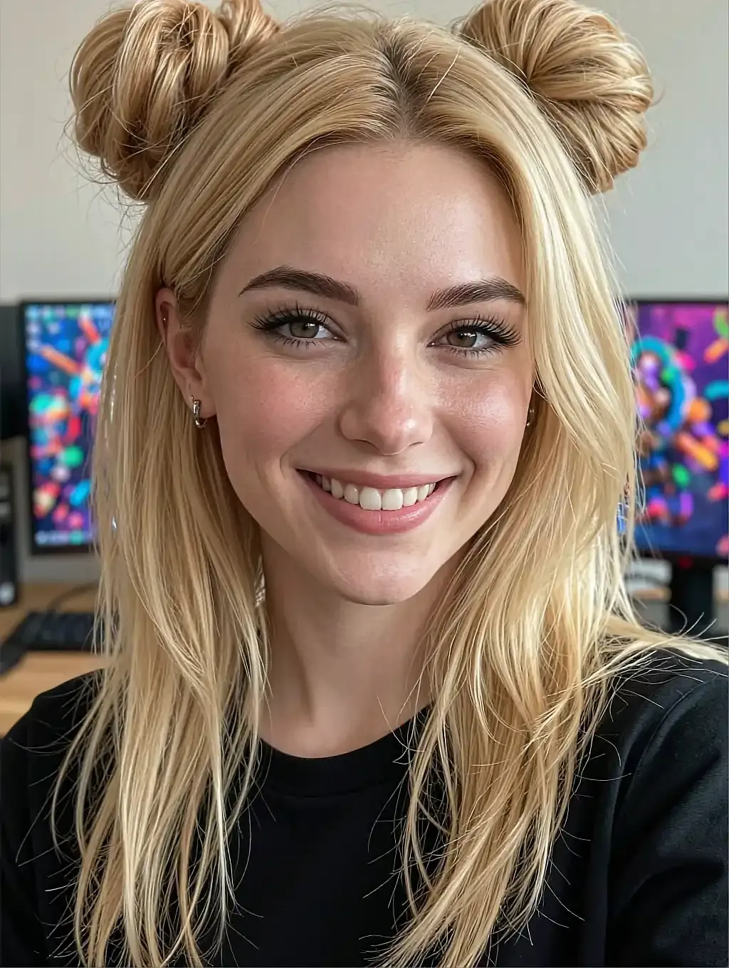 Smiling blonde with space-bun hairstyle in a black tee in front of colourful computer monitors