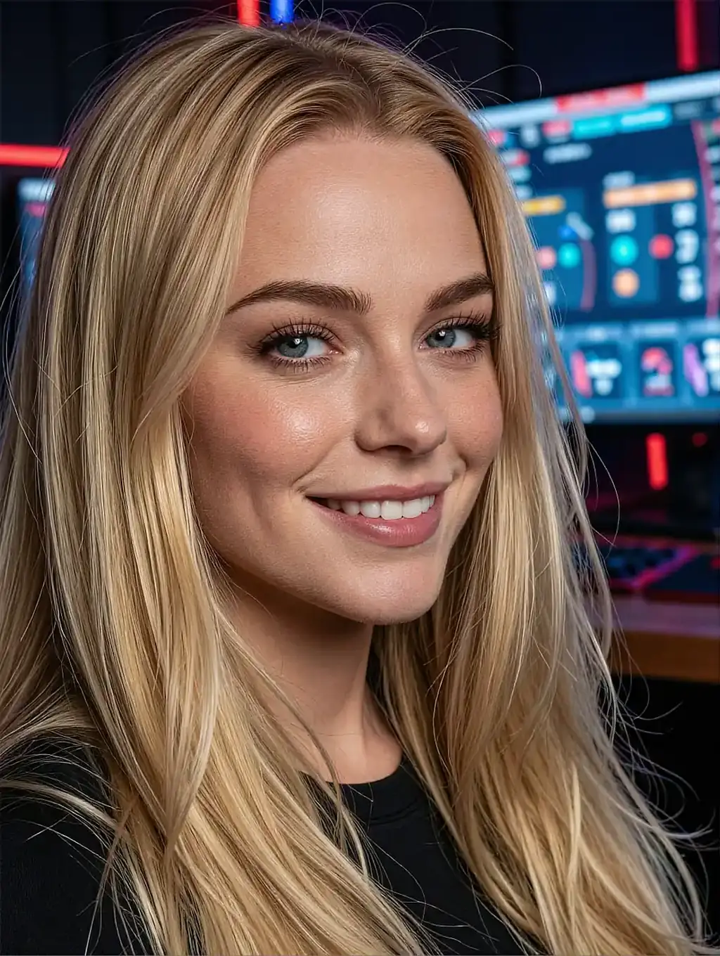 Blonde woman with straight hair smiling in a black top in front of a glowing tech dashboard
