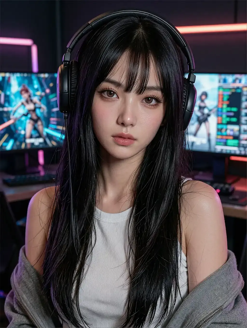 Black-haired woman with bangs wearing headphones and a grey hoodie in front of gaming monitors